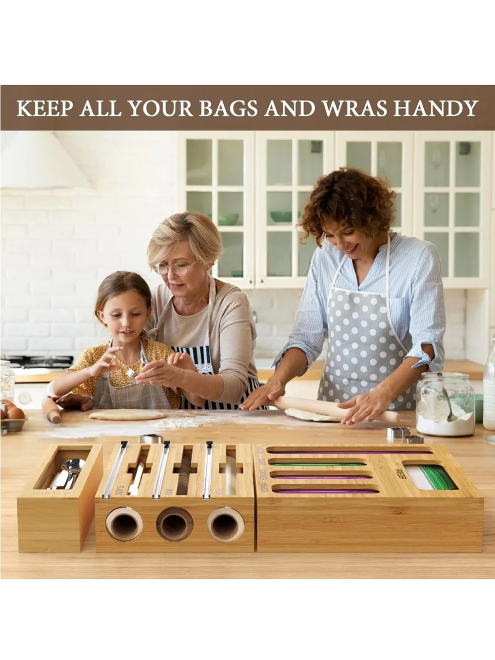 New Open Box 9 IN 1 Bamboo Foil and Plastic Wrap Organizer for Kitchen Drawer